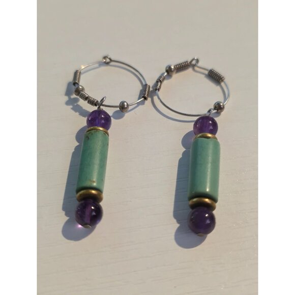 Turquoise Amethyst Dangle Hoop Earrings Handcrafted Boho Gemstone Jewelry - Picture 2 of 4